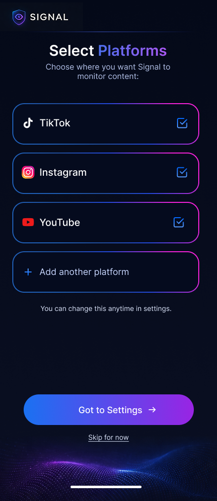 Select platforms screen